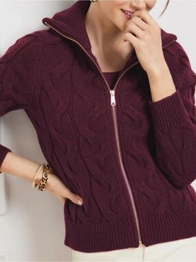 Talbots Women's Zip-Up Cable Knit Sweater — burgundy